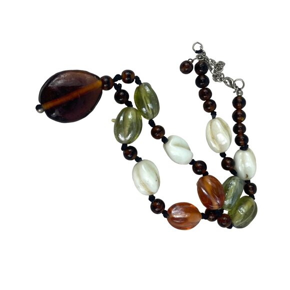 Vintage Chunky Glass Beaded Necklace 20" With Earthtone Pendant Boho Style - Picture 4 of 6